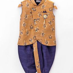 Dapper Dudes Cotton Silk Sleeveless Floral Printed Kurta With Dhoti - Mustard-picture-45