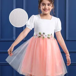 Mark & Mia Net Woven Half Puffed Sleeves Party Dress With Floral Corsage - Peach-picture-11