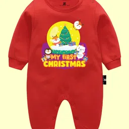 The Peppy Tend 100% Cotton Christmas Theme Full Sleeves My First Christmas Text Printed Romper - Red-picture-27