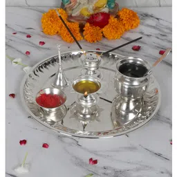 Amaya Decors Silver Steel Pooja Thali With Velvet Box-image-10