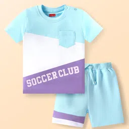 Babyhug Single Jersey Knit Half Sleeves T-Shirt & Shorts Set With Cut & Sew Design & Text Print - Light Blue White & Purple-picture-28