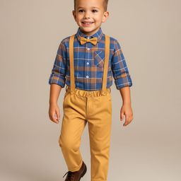 Babyhug Cotton Woven Full Sleeves Checkered Shirts and Trousers Set With Attached Bow & Suspender - Blue & Yellow-picture-4