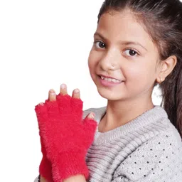 BHARATASYA Woollen Blend Fur Detailed Half Finger Gloves - Red-picture-41
