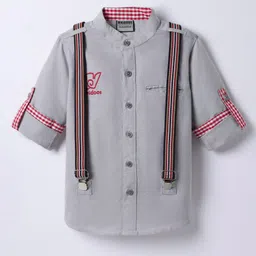 Rikidoos Full Sleeves Brand Name Embroidered Shirt With Suspender Set - Grey-picture-21