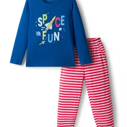 Honeyhap Premium Cotton Knit Full Sleeves Night Suit With Bio Finish & Text Print - Mykonos & Red Alert-picture-20