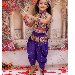 KID1 Cotton Woven Navratri Theme Sleeveless Ethnic Embroidered Mirror Work Embellished Crop Top & Bandhani Designed Dhoti With Cap Set - Blue-picture-11