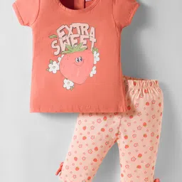 Tango Single Jersey Knit Half Sleeves Capri Night Suit with Extra Sweet Text Print - Coral-picture-38