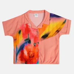 MINI KLUB Viscose Woven Half Sleeves Floral Printed Shirt Style Crop Top - Peach-image-2