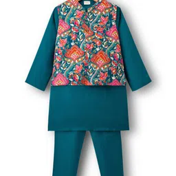 Babyhug Cambric Woven Full Sleeves Kurta Pajama & Jacket Set With Floral Print - Teal Blue-picture-21