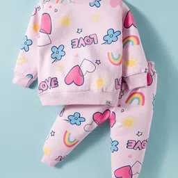 Teddy Fleece Knit Full Sleeves Winter Wear Co-Ord T-Shirt & Joggers Set with Floral & Heart Print - Pink-picture-12