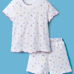 kookie kids india Kookie Kids Single Jersey Knit Half Sleeves Shorts Co-ord Night Suit With Floral Print - White-picture-12