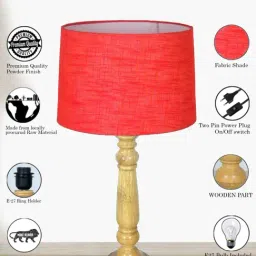 homesake Mable Rustic Wood Table Lamp Industrial Bedside Living Room Light Red fabric Shade image 5