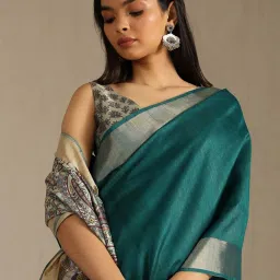 Soch Teal Tussar Solid Saree With Stitched Blouse image 4
