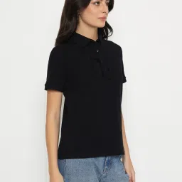 Madame Black Cotton Regular Fit Polo T-Shirt image 4