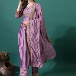 Granthva Fab Women Ethnic Motifs Embroidered Anarkali Kurta with Trousers & Dupatta image 3