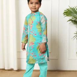 READIPRINT FASHIONS Kids Sea Green Floral Print Full Sleeves Kurta with Pyjamas image 4