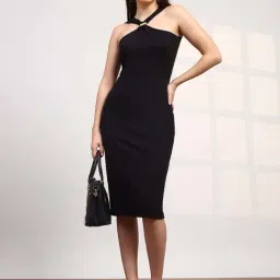 Globus Women Black Halter Neck Ribbed Midi Bodycon Dress-image-73