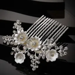 Panash Silver Plated CZ Stone Studded Metal Floral Hair Comb Pin-image-65