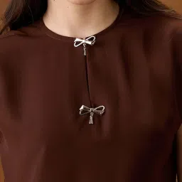 Globus Women Brown Round Neck Extended Sleeve Solid Bow Detail Top image 4