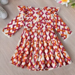 Bella Moda Girls Red Cotton Three Fourth Sleeves Abstract Printed Dress-image-0