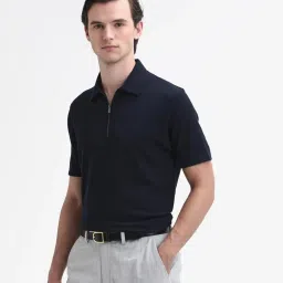 Rare Rabbit Navy Blue Cotton Regular Fit Solid Polo T-Shirt image 4