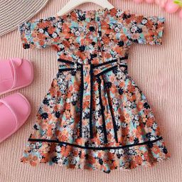 Bella Moda Girls Multi Cotton Half Sleeves Floral Printed Dress-picture-14