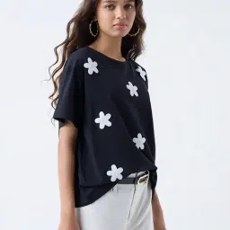 LOV by Westside Black Floral Embroidered Cotton T-Shirt-image-49