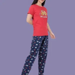 Kryptic Navy Blue & Fuchsia Pink Relaxed Fit Printed Night Suit image 4