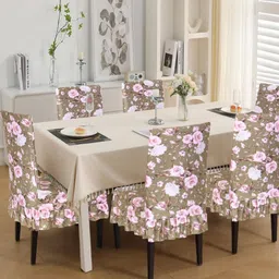 Dakshya Industries Beige & Pink 6 Pieces Floral Printed Chair Covers image 4
