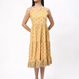R&B Mustard Rayon Floral Print Fit & Flare Dress-picture-47
