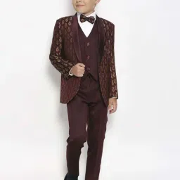 Kids Island Boys Maroon & White Jacquard Full Sleeves Suit Set image 5