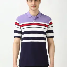 Peter England Navy Regular Fit Striped Polo T-Shirt-image-86