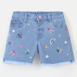 Babyhug Cotton Spandex Mid Thigh Length Washed Stretchable Shorts Nature Embroidery Blue (Fly With Zipper)-picture-16