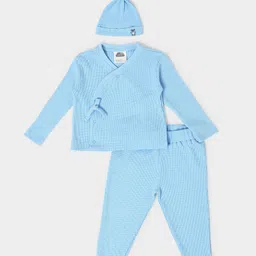 Mi Arcus Unisex Cotton Full Sleeves Solid Self Design Tee With Coordinating Pajama & Cap Wrapover Set Sky Blue-picture-12