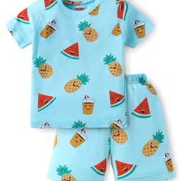 Babyhug Single Jersey Cotton Knit Half Sleeves Fruity Print Night Suit - Blue image 1