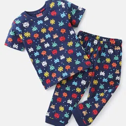 Babyhug Cotton Knit Half Sleeves Printed Night Suit - Blue-picture-23