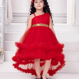 Ministitch Net Sleeveless Sequin Embellished High Low Dress - Red-picture-32