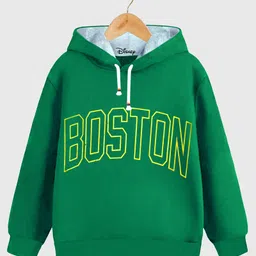 KUCHIPOO Fleece Full Sleeves Boston Text Printed Hoodie - Green-picture-14