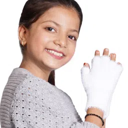 BHARATASYA Woollen Blend Fur Detailed Half Finger Gloves - White-picture-43