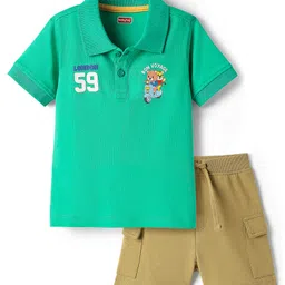 Babyhug 100% Cotton Knit Half Sleeves Animal Print Polo T-Shirt & Short Set - Green & Brown-picture-38