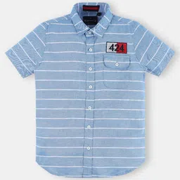 INFINITY Oxford Cotton Woven Half Sleeves Striped & 424 Number Patch Detailed Shirt - Blue-picture-15