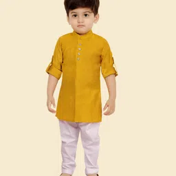 little desi Cotton Silk Full Sleeves Solid Kurta Pyjama Set - Gold-picture-14