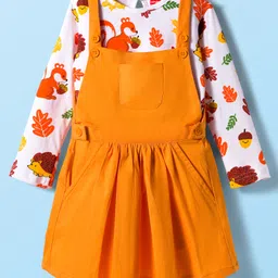 Babyhug Cotton Knit Full Sleeves Frock With Animal Printed Inner Tee - Orange & White-picture-24