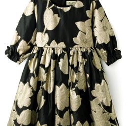arias by lara dutta Arias Jacquard Woven Fabric Three Forth Sleeves Fit & Flare Party Dress with Floral Print - Black-picture-19