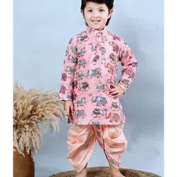 BT DEZINES Cotton Silk Woven Full Sleeves Elephant Printed Dhoti Kurta Set - Baby Pink-picture-38