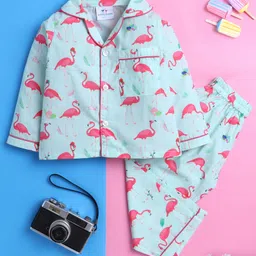 Knitting Doodles Pure Cotton Woven Full Sleeves Flamingo Printed Night Suit Set - Light Green-picture-20