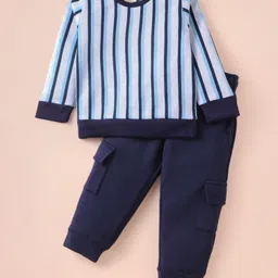 Rikidoos Full Sleeves Striped Sweatshirt With Joggers Set - Light & Navy Blue-image-58