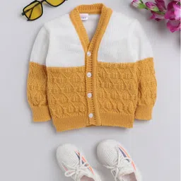 Little Angels Woollen Knit Full Sleeves Colour Blocked Cardigan - Mustard & White-image-11