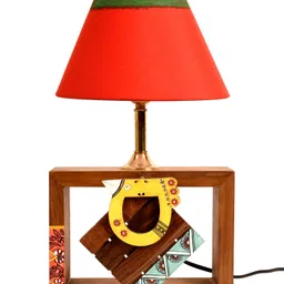 AAKRITI ART CREATIONS Table Lamp Handcrafted in Wood with Tribal Motifs and Bird with Red Shade .-image-22
