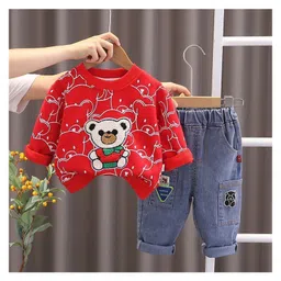 POP STREET KIDS Cotton Knit Full Sleeves Teddy Printed Light Winter Sweatshirt With Jeans Set - Red-picture-15